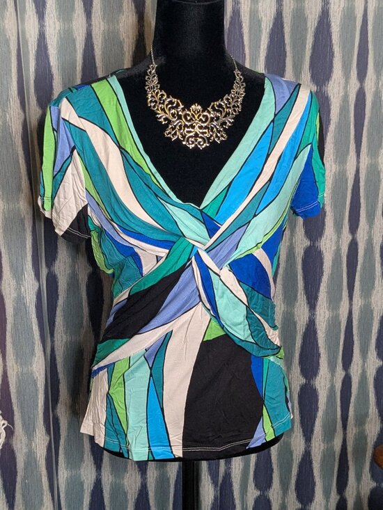 Cable & Gauge Tops - Cable & Gauge Geometric Print Faux Wrap Top Size Medium Blue Green